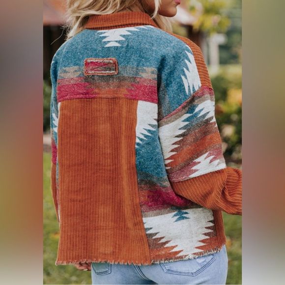 Boutique Brand Brown Button Down Aztec Patchwork Corduroy Jackets Front Pockets - Picture 8 of 9